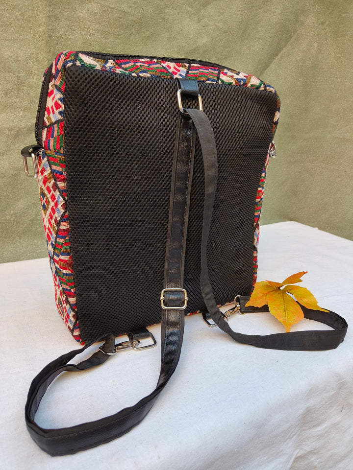 Lap sling cum backpack multicolor with Folk Loom Print