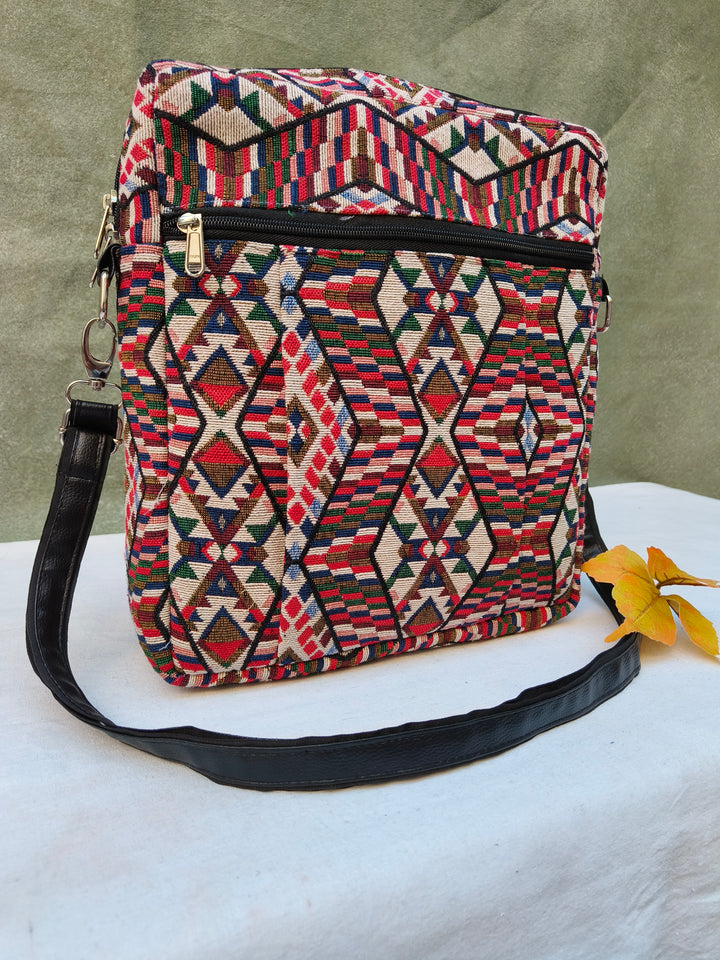 Lap sling cum backpack multicolor with Folk Loom Print
