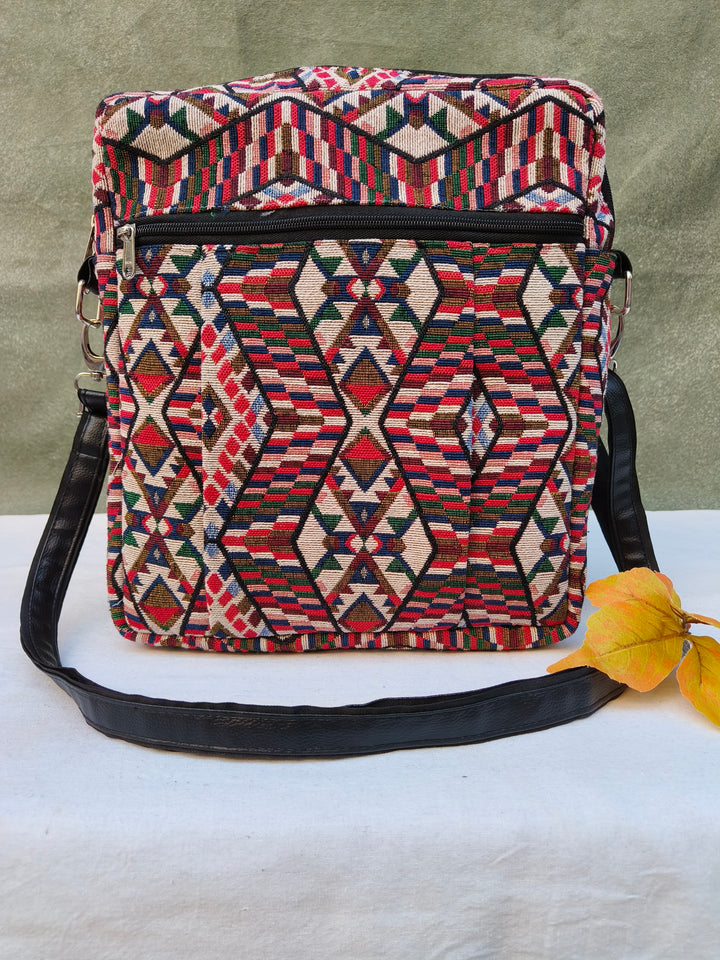 Lap sling cum backpack multicolor with Folk Loom Print
