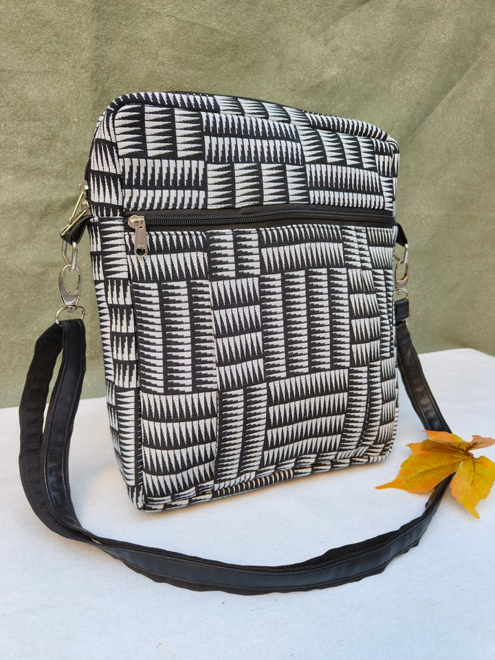 Lap sling cum backpack Black with white strip print