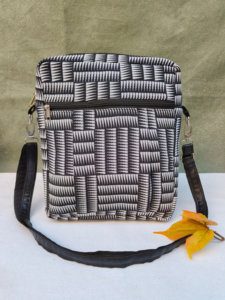 Lap sling cum backpack Black with white strip print