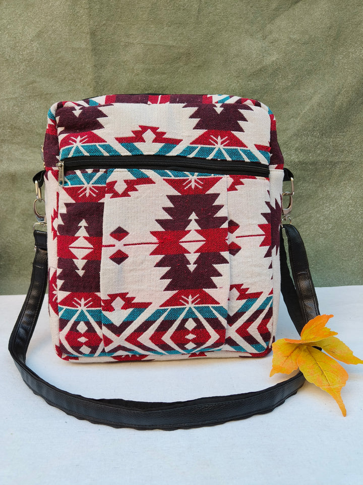 Lap sling cum backpack white with red Tribal Arrow