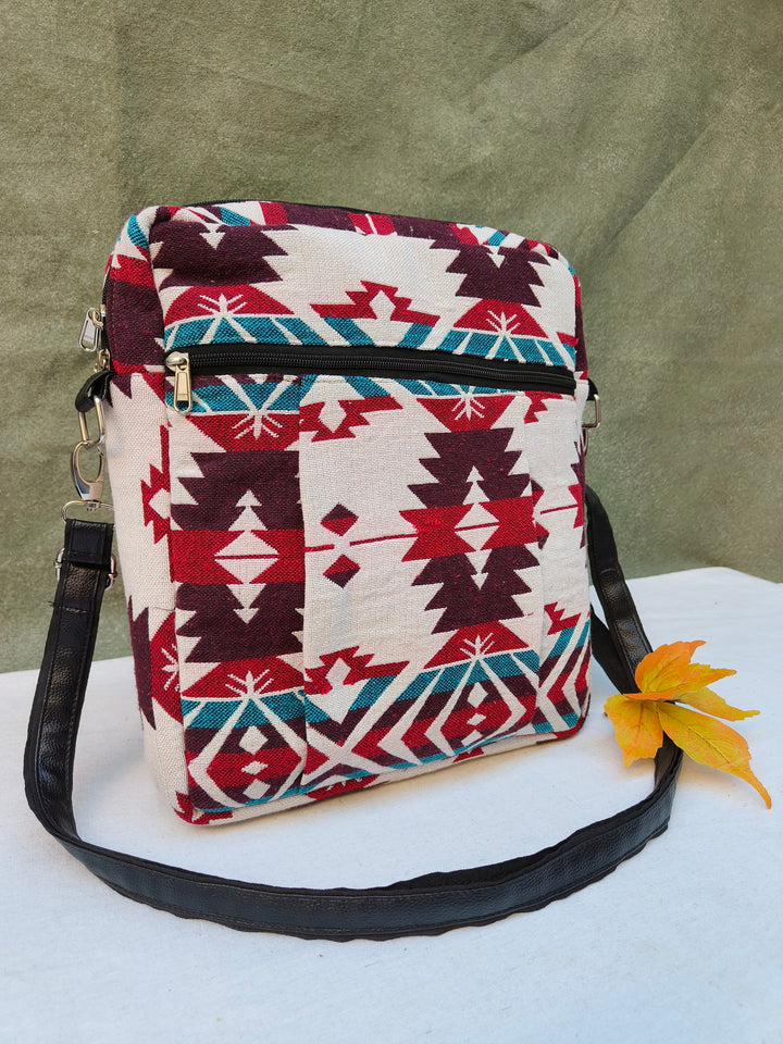 Lap sling cum backpack white with red Tribal Arrow