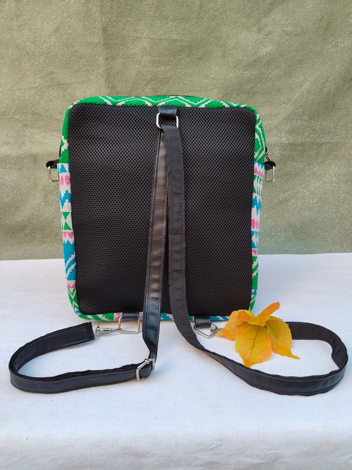 Lap sling cum backpack multicolor with white zigzag print