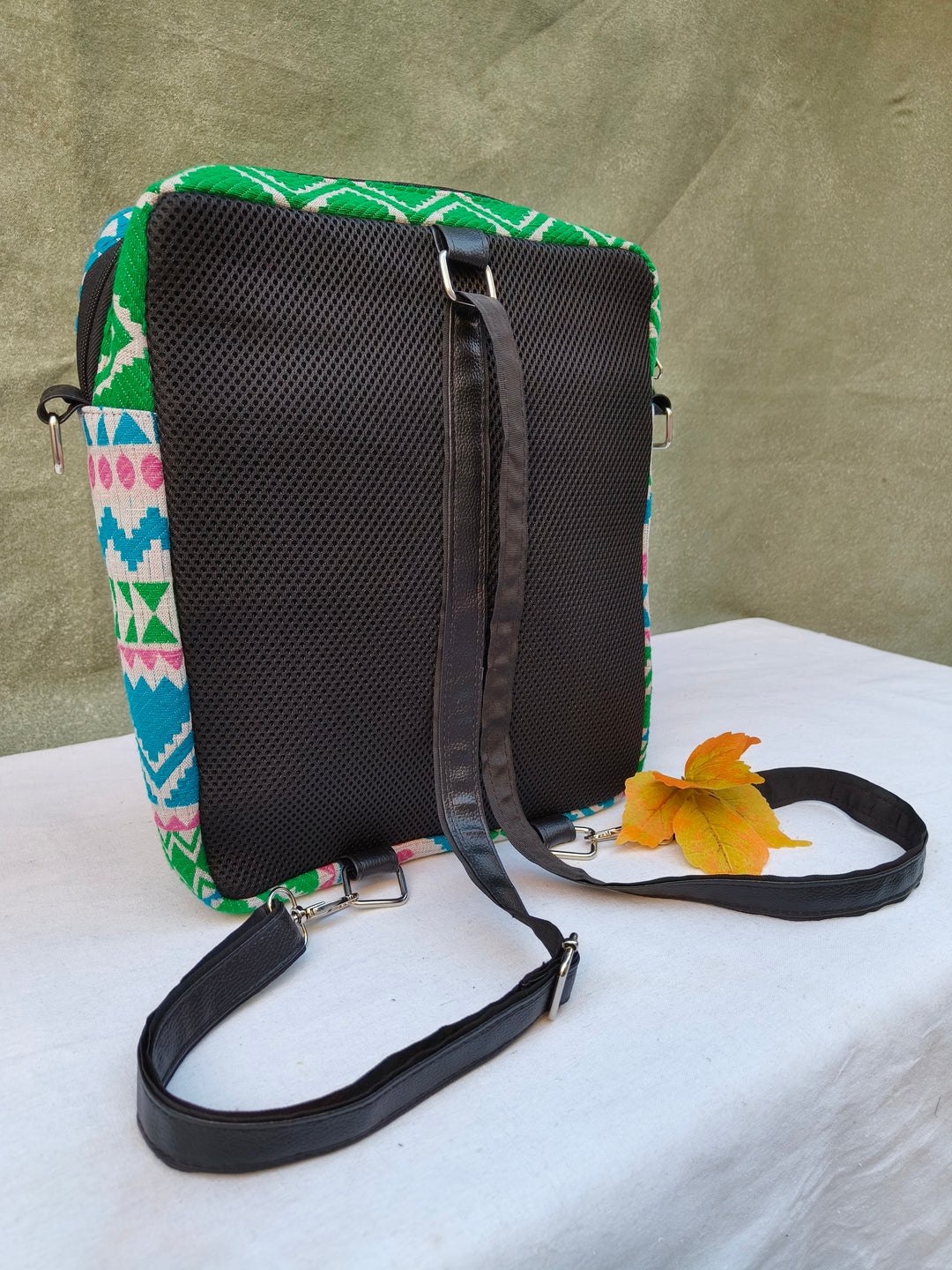 Lap sling cum backpack multicolor with white zigzag print