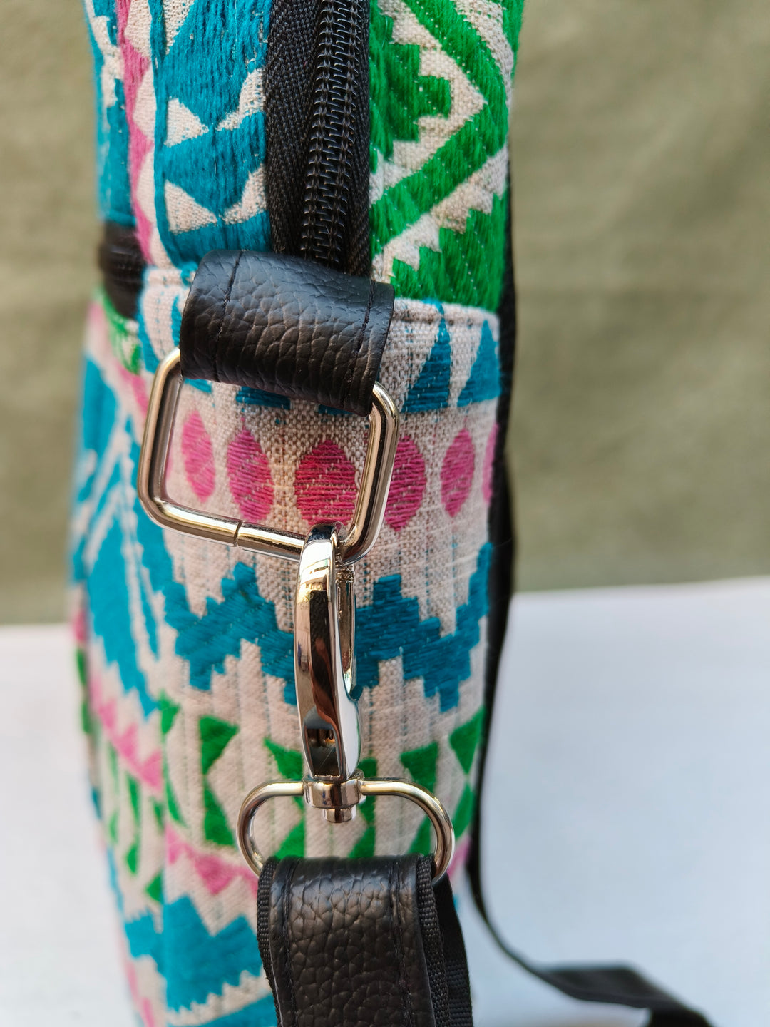 Lap sling cum backpack multicolor with white zigzag print