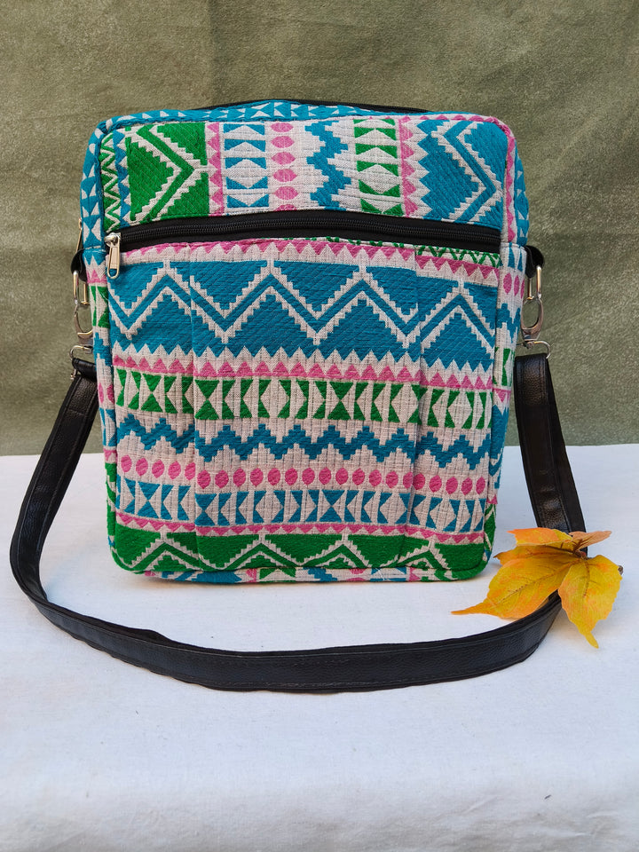 Lap sling cum backpack multicolor with white zigzag print