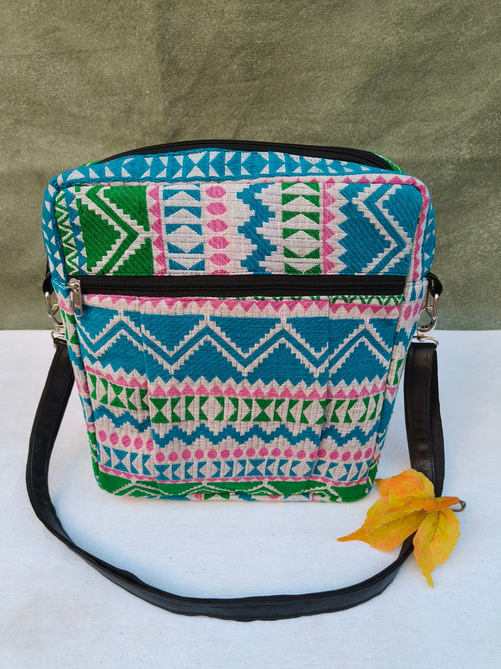 Lap sling cum backpack multicolor with white zigzag print