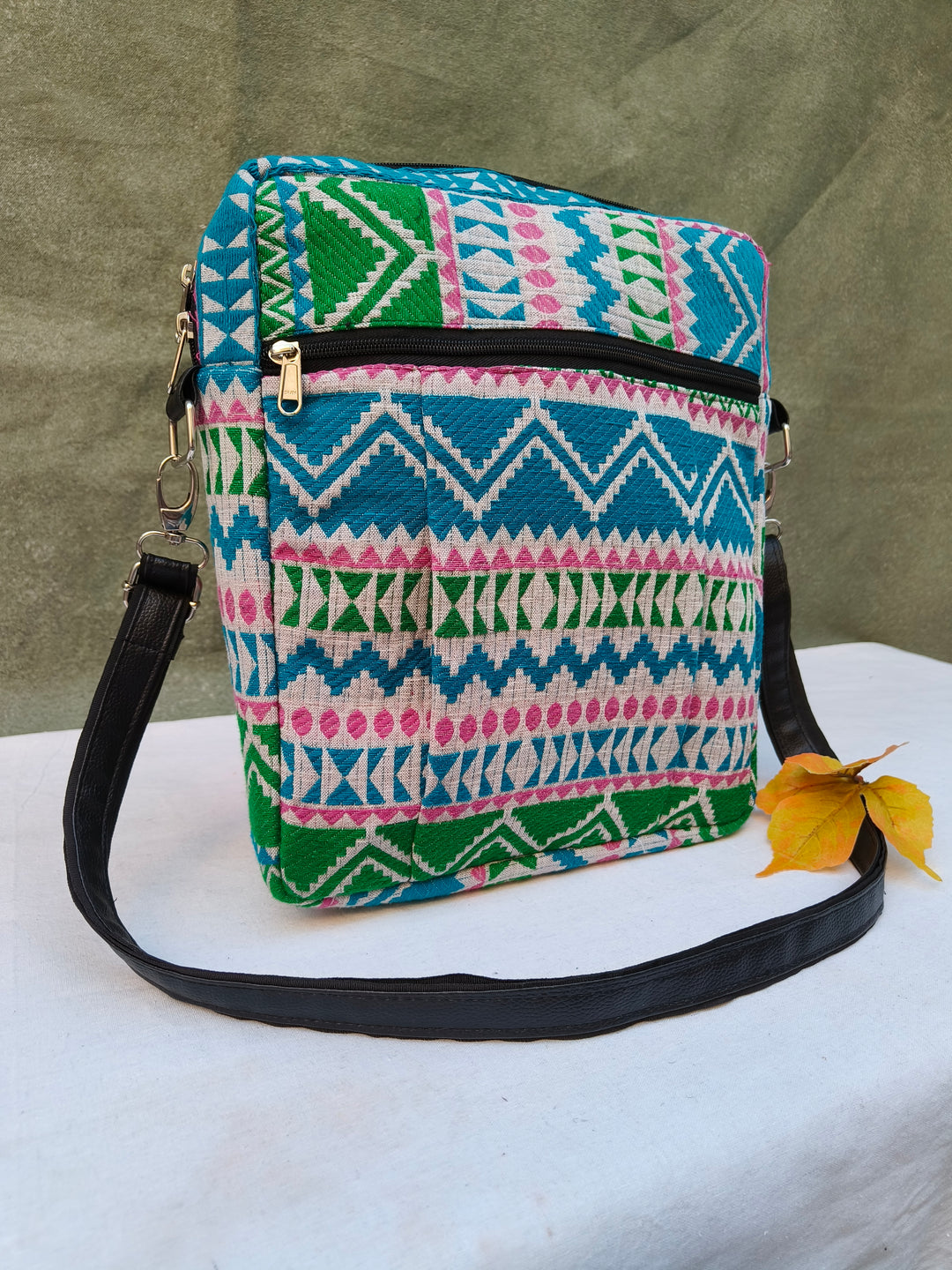 Lap sling cum backpack multicolor with white zigzag print