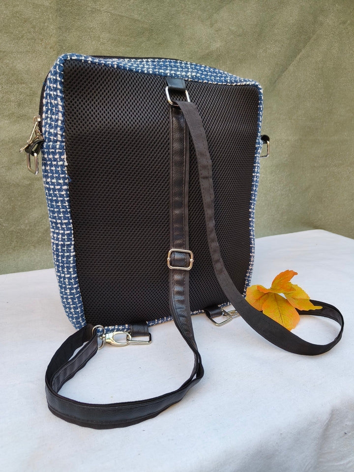 Lap sling cum backpack blue with white lines print