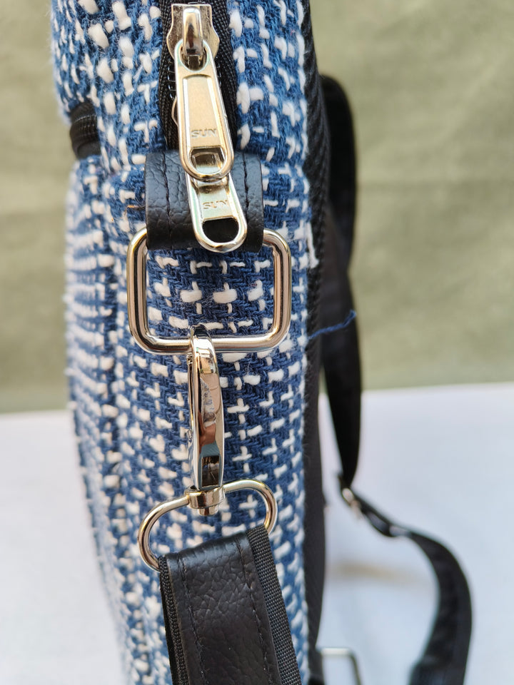 Lap sling cum backpack blue with white lines print