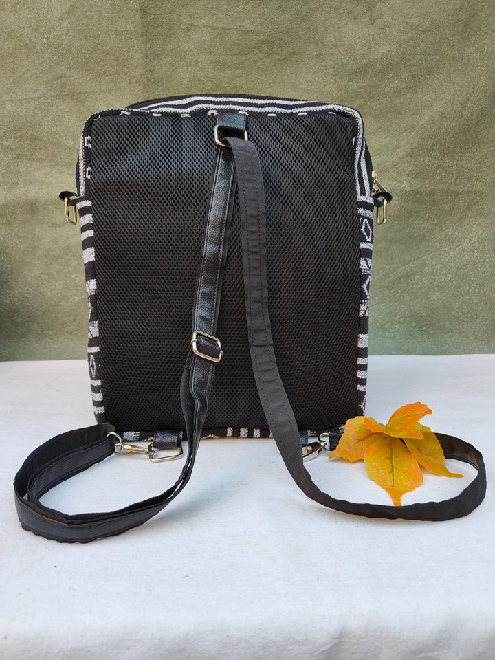 Lap sling cum backpack Black with white diamond lines print