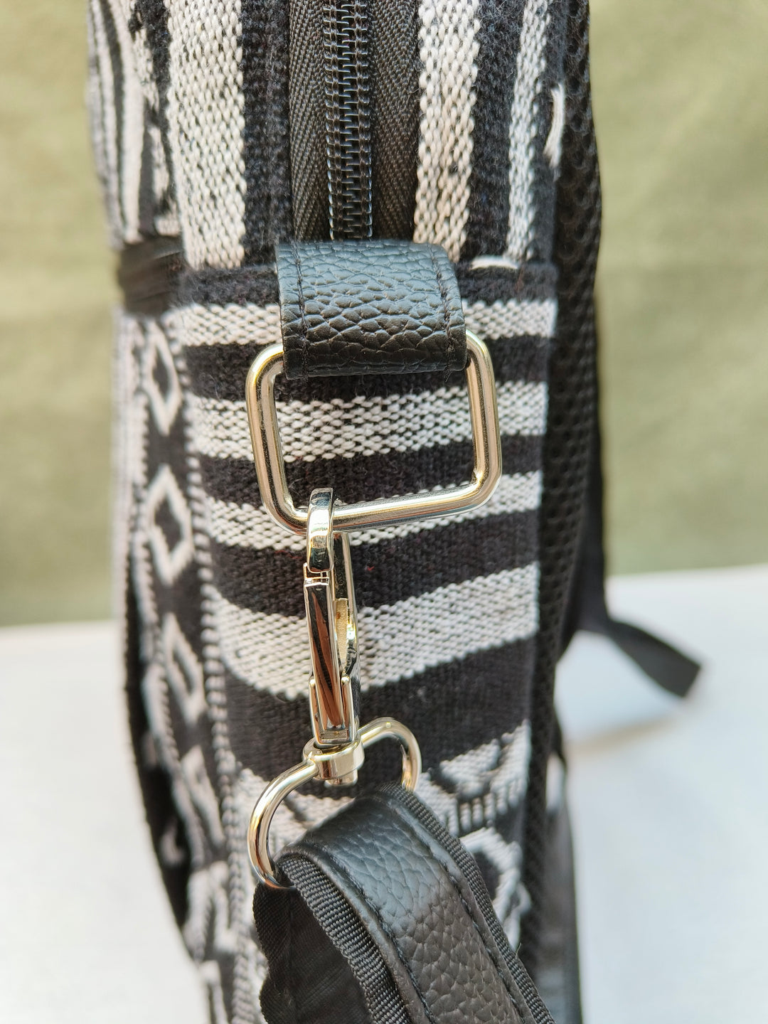 Lap sling cum backpack Black with white diamond lines print