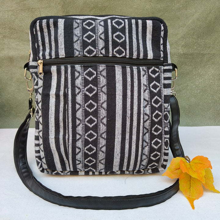 Lap sling cum backpack Black with white diamond lines print