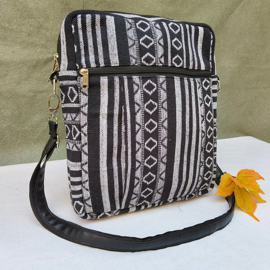 Lap sling cum backpack Black with white diamond lines print