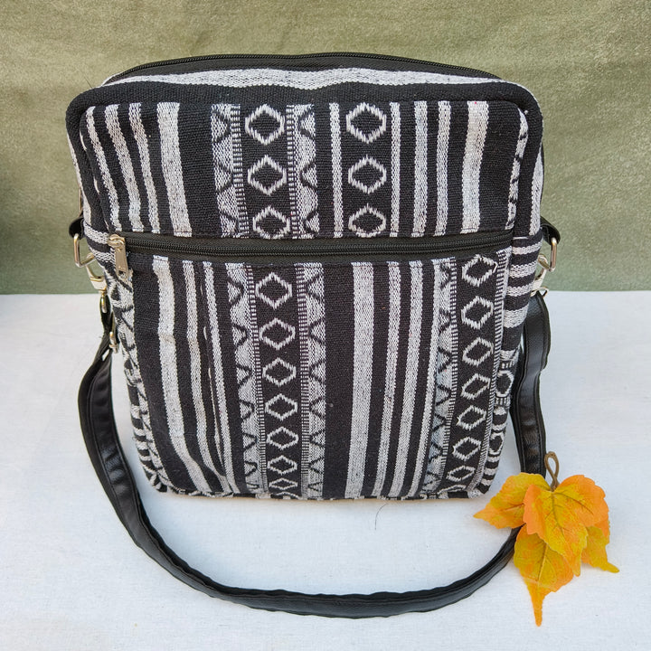 Lap sling cum backpack Black with white diamond lines print