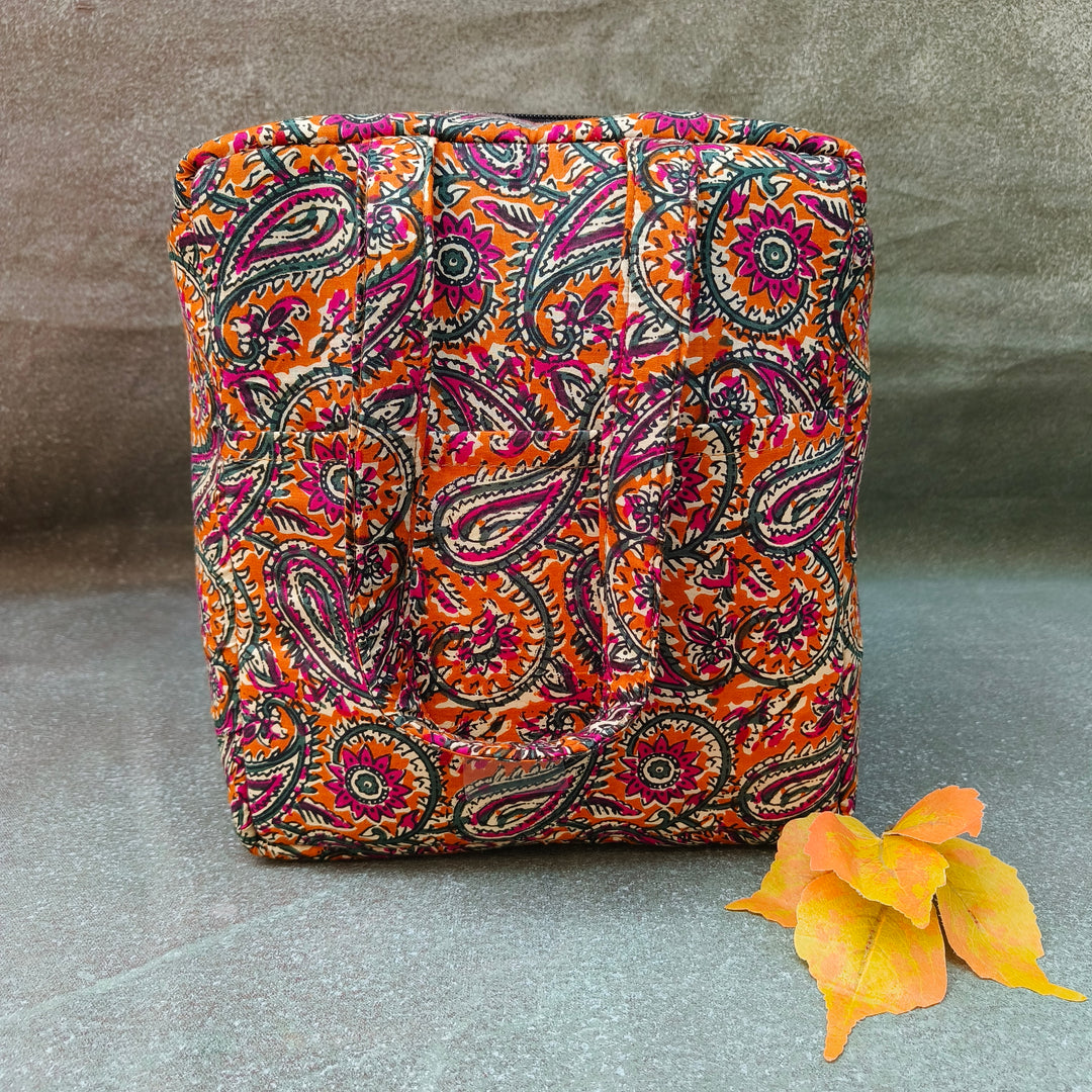 Water Proof Cotton Lunch Bag  orange with mango print