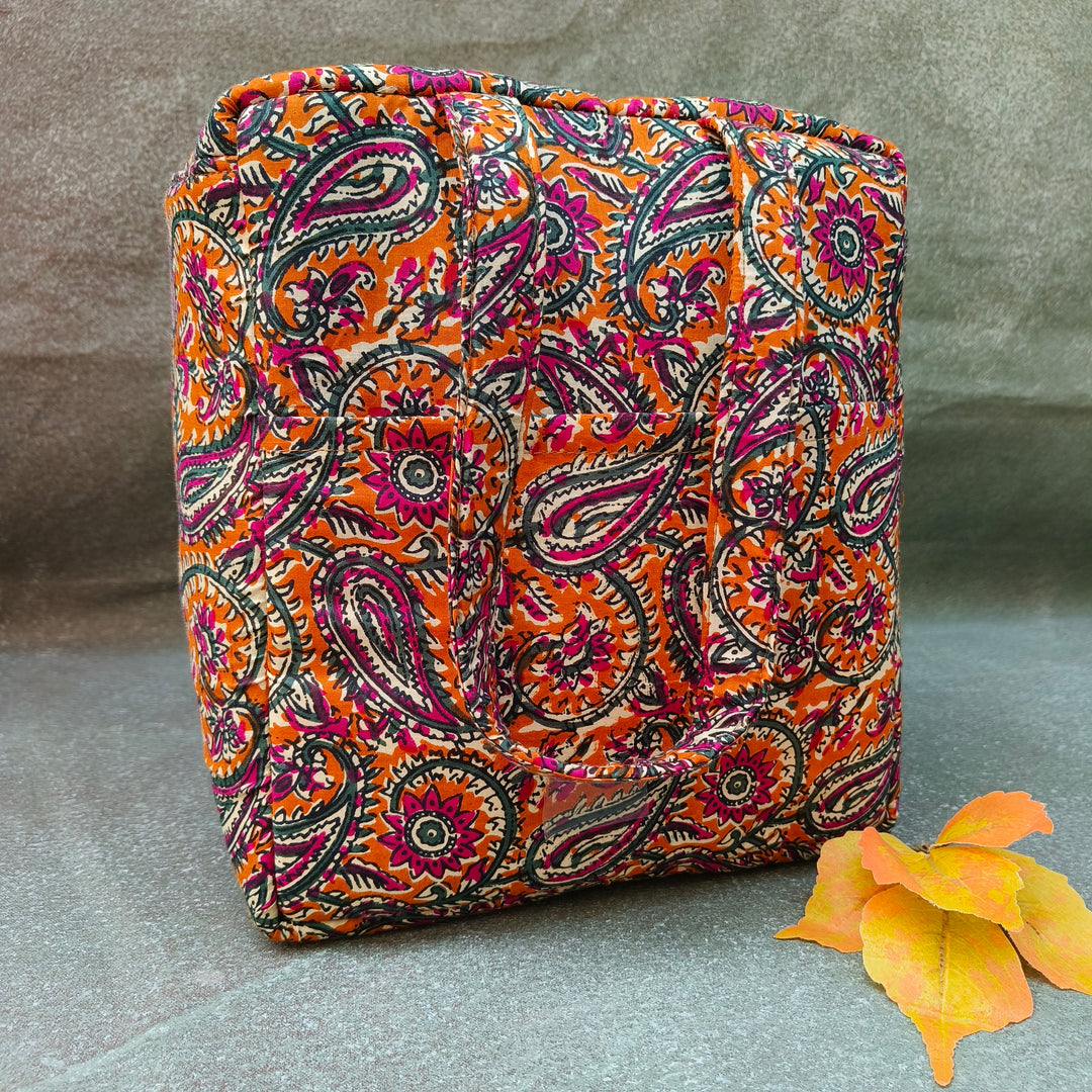 Water Proof Cotton Lunch Bag  orange with mango print