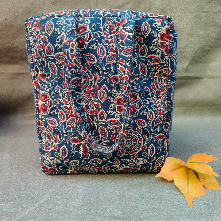 Water Proof Cotton Lunch Bag Indigo with red flower print