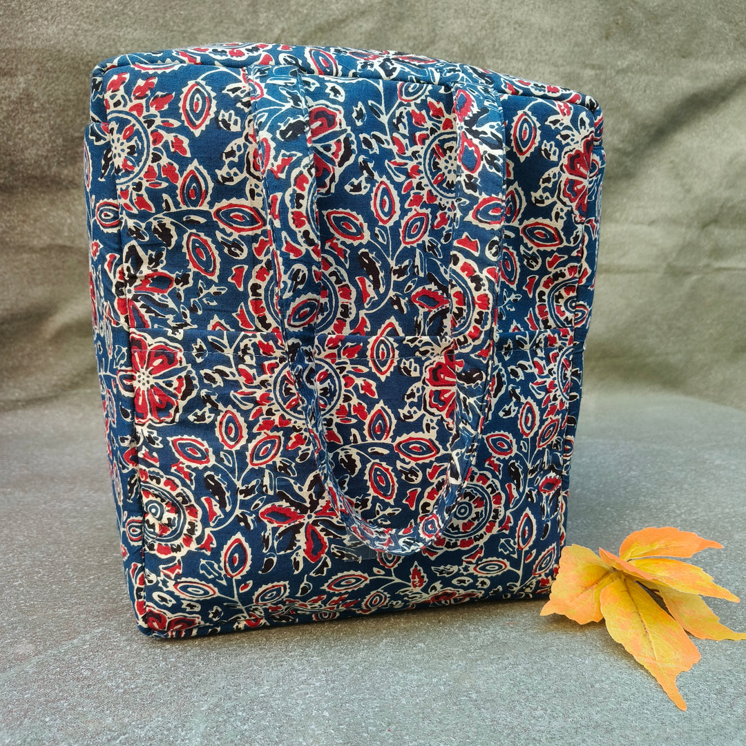 Water Proof Cotton Lunch Bag Indigo with red flower print