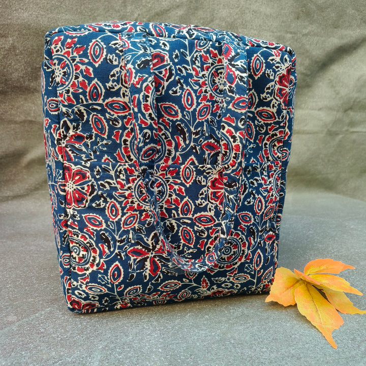 Water Proof Cotton Lunch Bag Indigo with red flower print