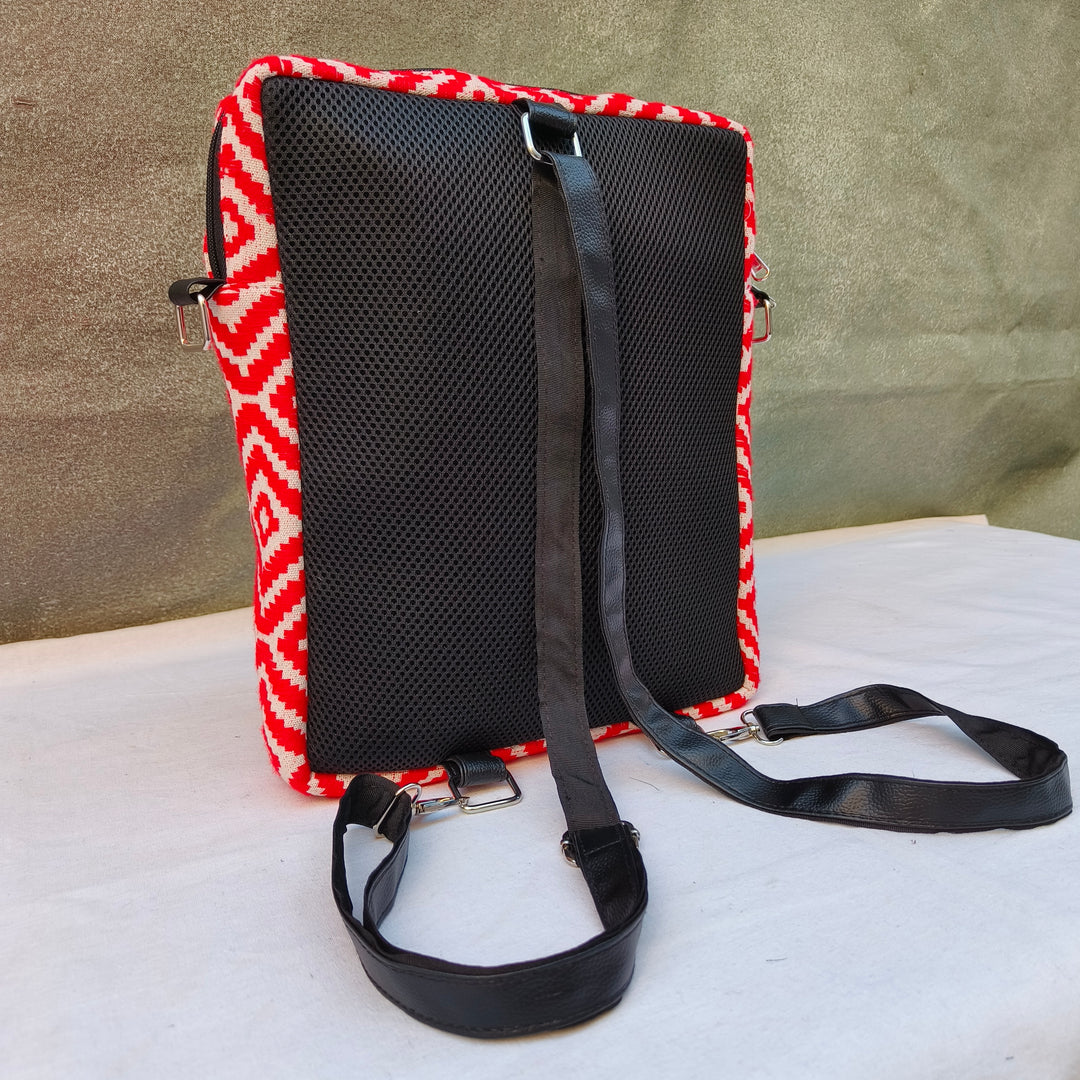 Lap sling cum backpack red with diamond print