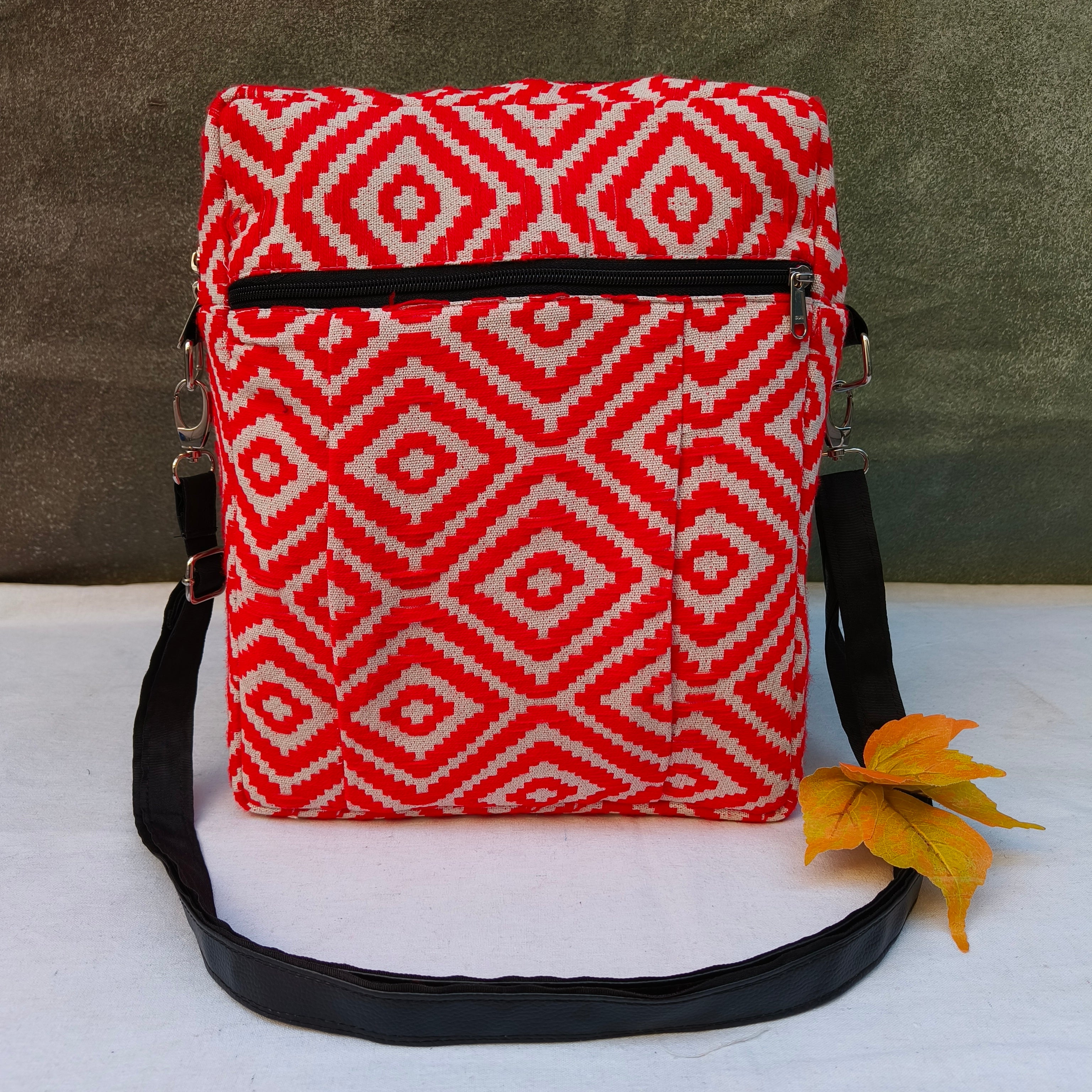 Lap sling cum backpack red with diamond print – lakshya bags