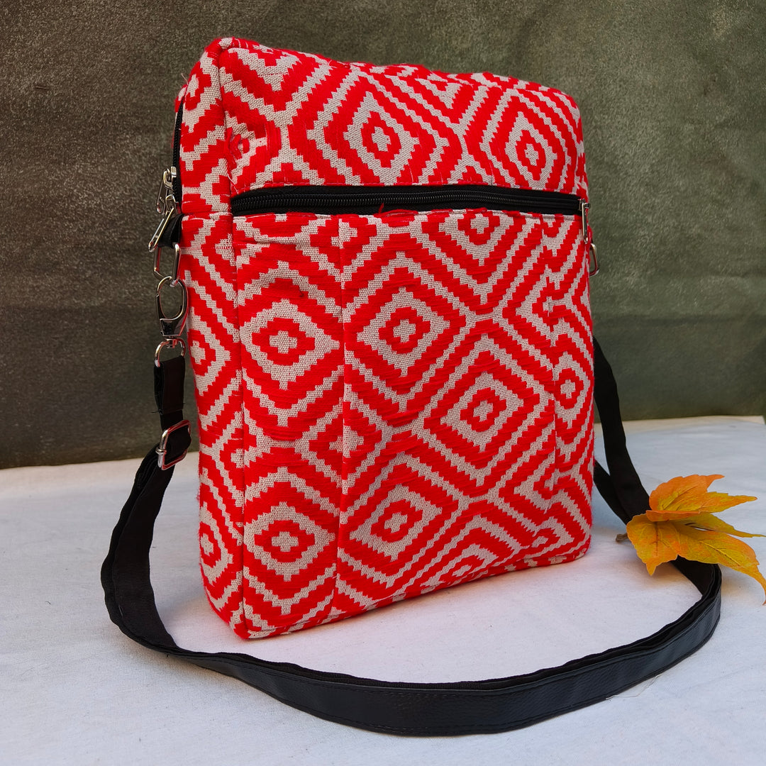 Lap sling cum backpack red with diamond print
