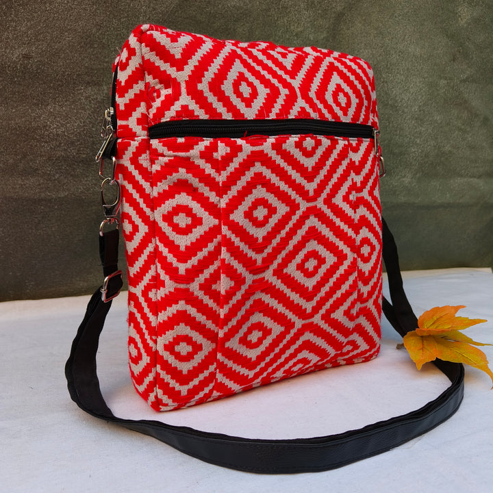 Lap sling cum backpack red with diamond print