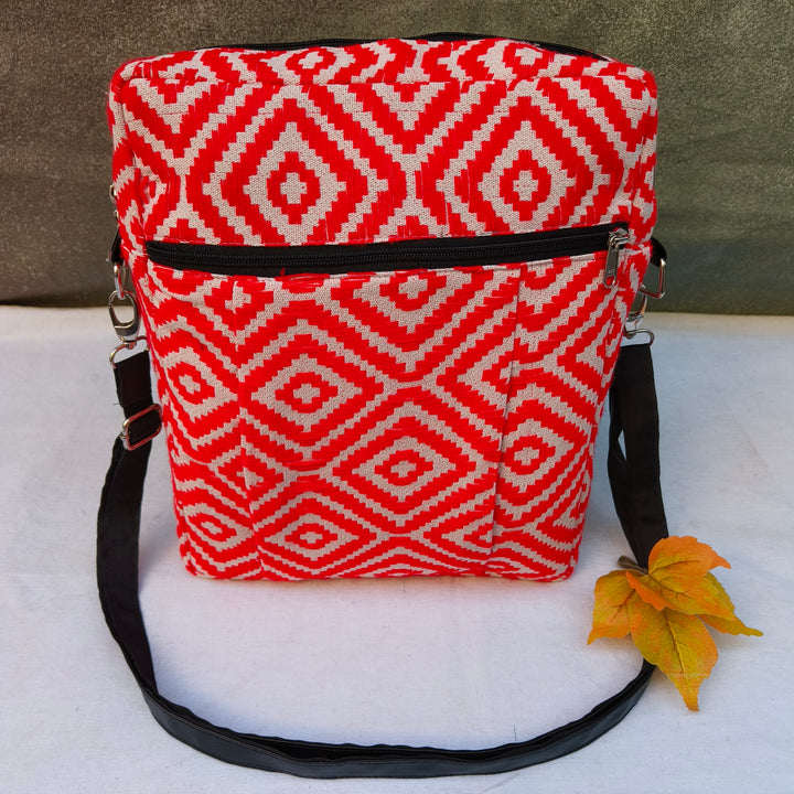 Lap sling cum backpack red with diamond print