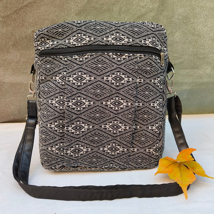 Lap sling cum backpack black with white print