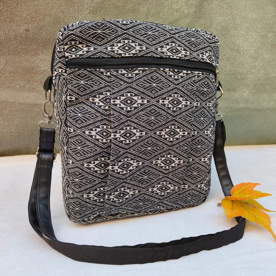 Lap sling cum backpack black with white print