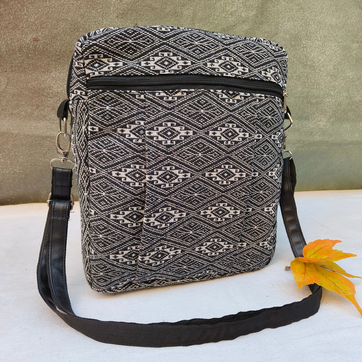 Lap sling cum backpack black with white print