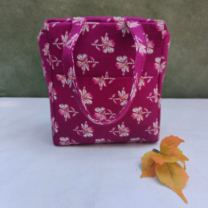 Water Proof Cotton Lunch Bag Violet with white Rose print