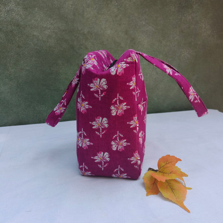 Water Proof Cotton Lunch Bag Violet with white Rose print