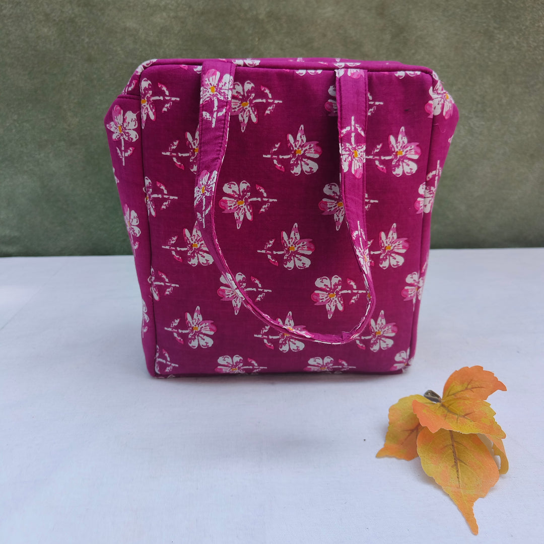 Water Proof Cotton Lunch Bag Violet with white Rose print