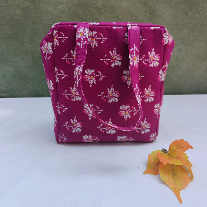 Water Proof Cotton Lunch Bag Violet with white Rose print