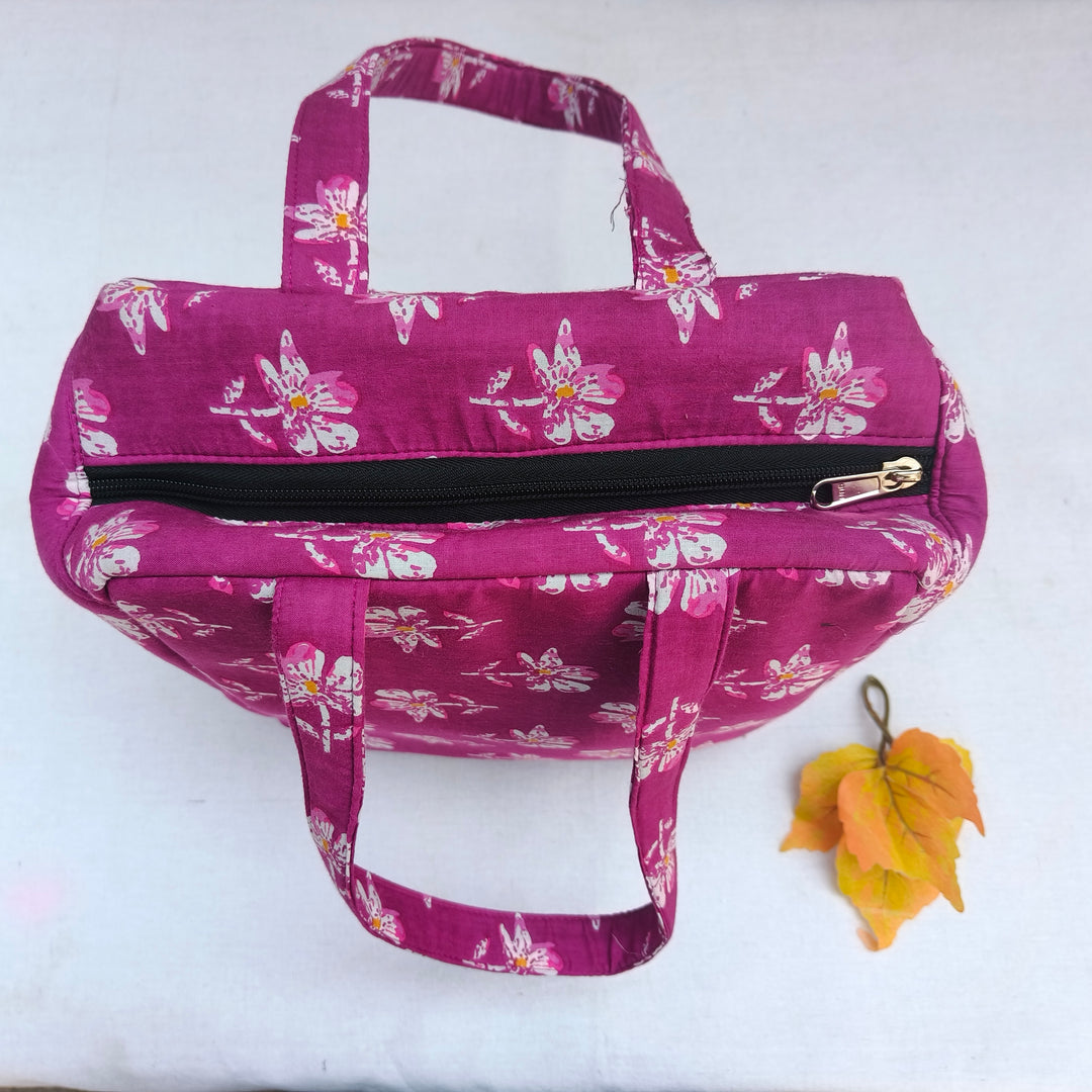 Water Proof Cotton Lunch Bag Violet with white Rose print