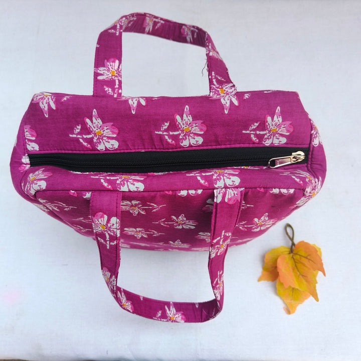 Water Proof Cotton Lunch Bag Violet with white Rose print