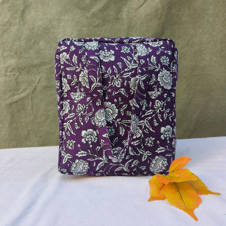Water Proof Cotton Lunch Bag Violet With White Rose Print