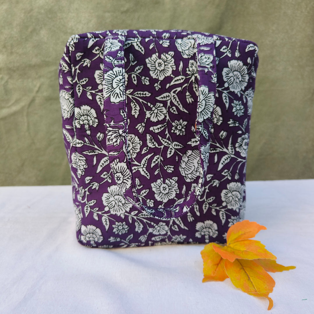 Water Proof Cotton Lunch Bag Violet With White Rose Print