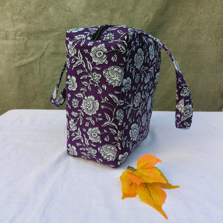 Water Proof Cotton Lunch Bag Violet With White Rose Print