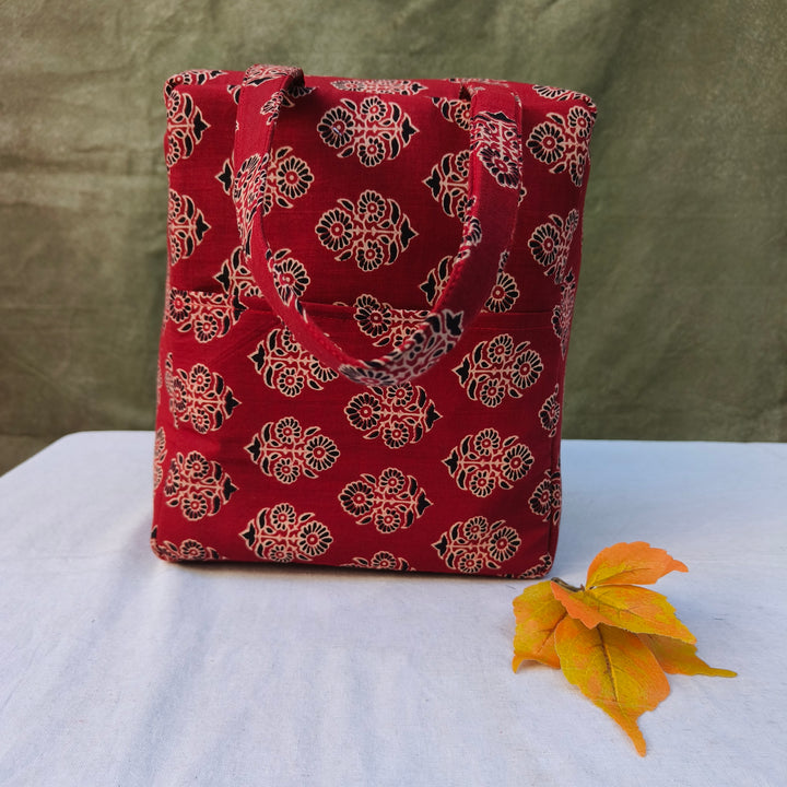 Water Proof Cotton Lunch Bag Maroon With Flower Print