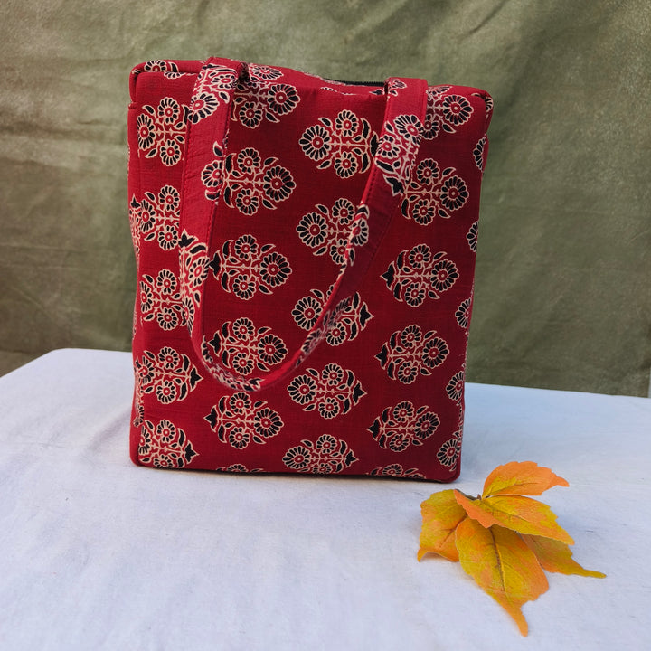 Water Proof Cotton Lunch Bag Maroon With Flower Print