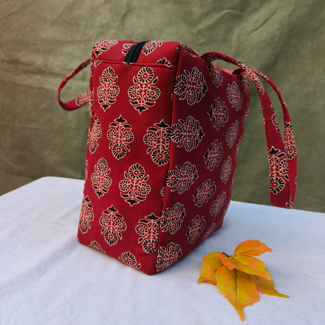 Water Proof Cotton Lunch Bag Maroon With Flower Print