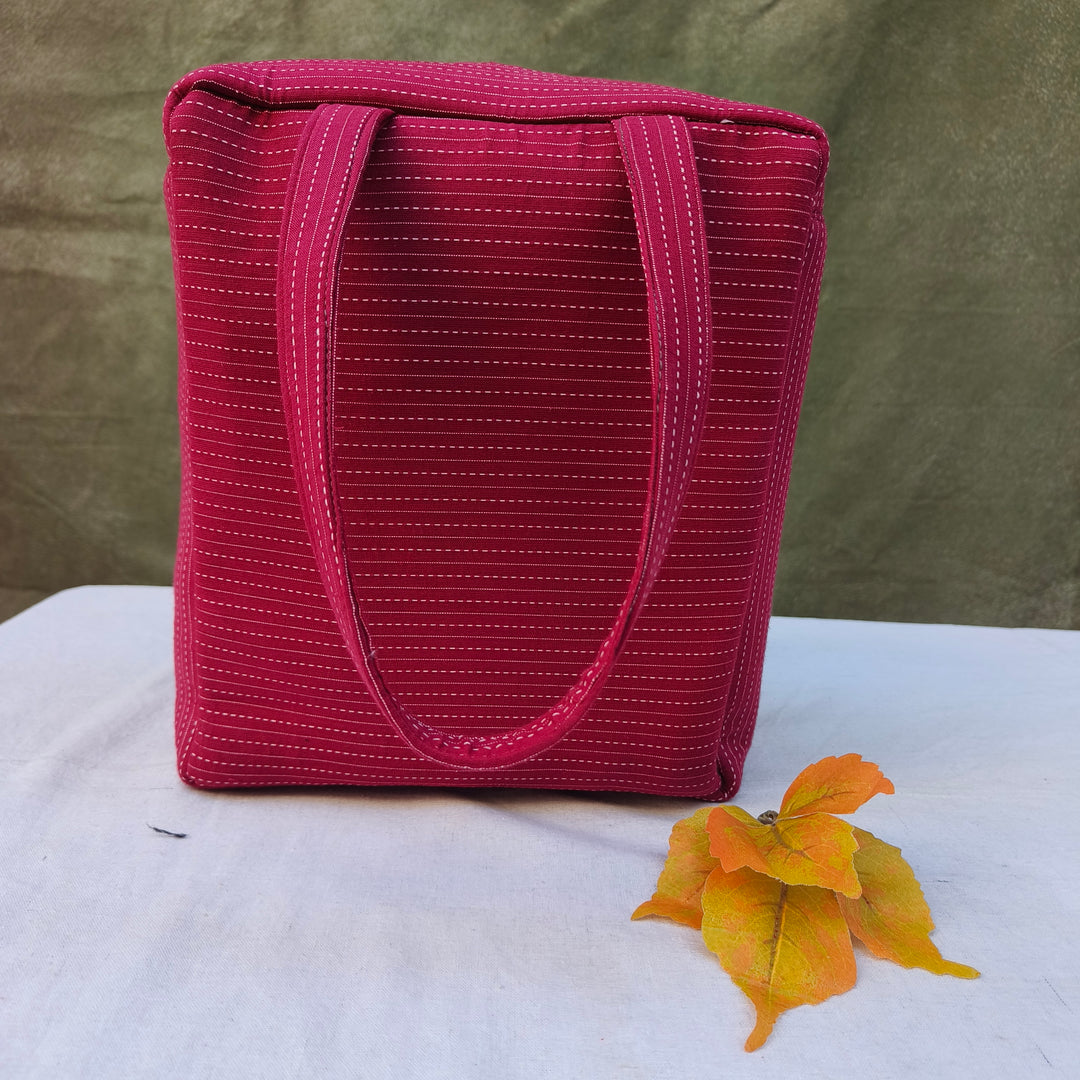 Water Proof Cotton Lunch Bag Maroon With White Dot Print