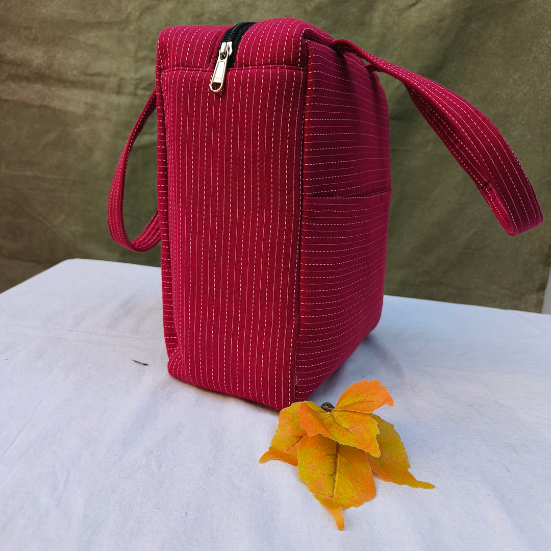 Water Proof Cotton Lunch Bag Maroon With White Dot Print