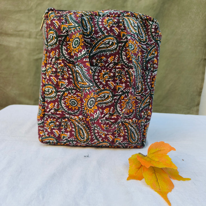 Water Proof Cotton Lunch Bag Maroon With Multi Color Leaf Print