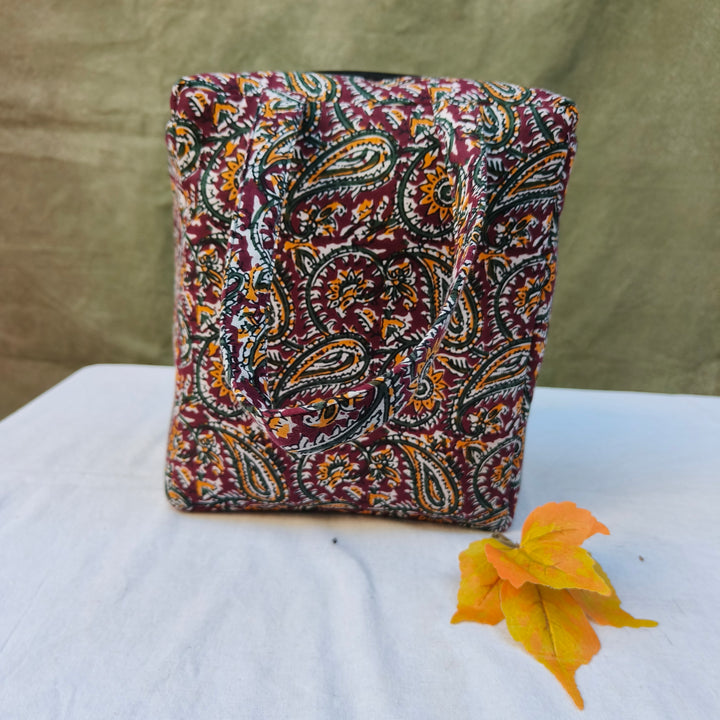 Water Proof Cotton Lunch Bag Maroon With Multi Color Leaf Print
