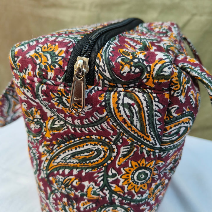 Water Proof Cotton Lunch Bag Maroon With Multi Color Leaf Print